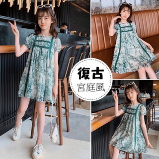 現貨 臺灣出貨 go cool shop中大童復 短袖 古風雪紡印花泡泡袖洋裝1110305