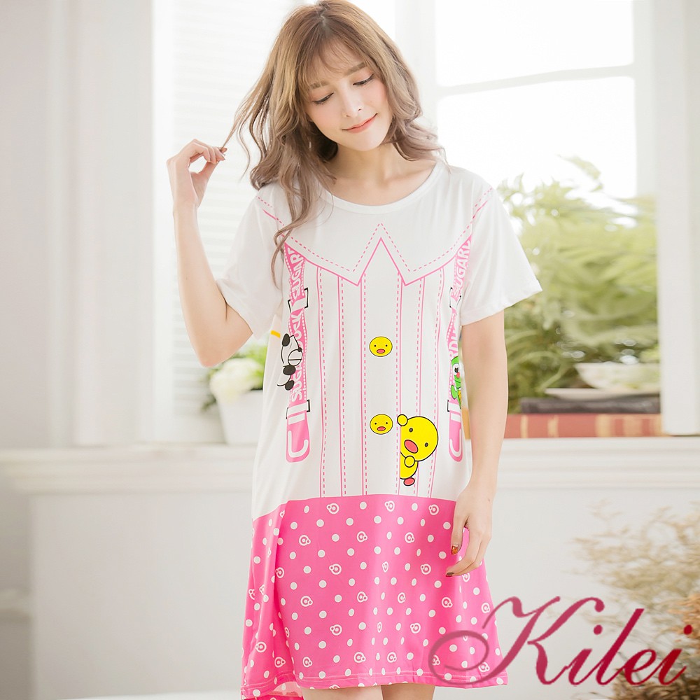 【Kilei】女生睡衣 連身睡衣 睡衣裙 牛奶絲可愛動物印圖短袖連身裙睡衣XA3298-01=02(繽紛桃粉)全尺碼