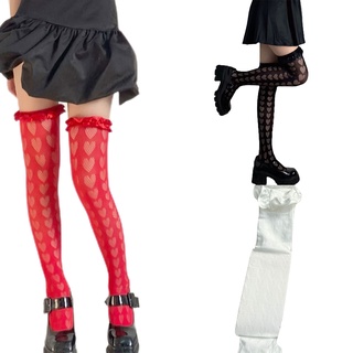 Xixi 女士 Lolita 網眼長筒襪緞面荷葉邊鏤空心形長襪