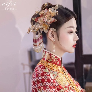 [婚禮]秀禾頭飾中式新娘手工造液花古著流蘇花朵髮飾古典龍鳳褂漢服配飾