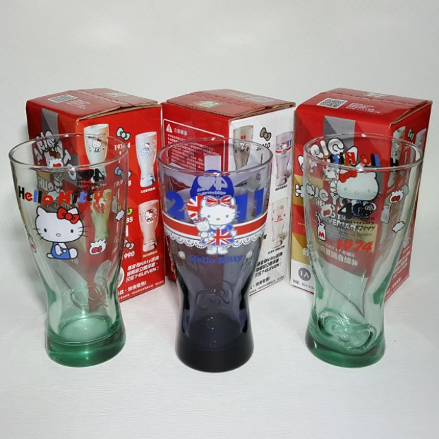 【全新】HELLO KittY 經典玻璃曲線杯 7-11限量收藏 ( 粉紫英倫風 湖水藍 ) 水杯 果汁杯 飾品杯