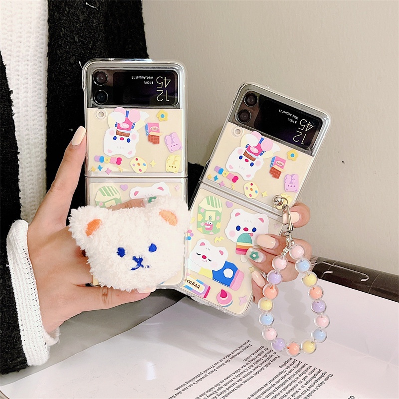 韓風可愛貼紙小熊 手機殼 適用 SAMSUNG Galaxy Z Flip 3 5G手機殼 z flip 4 硬殼