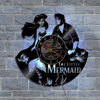工廠直銷現貨3D黑膠時鐘卡通可愛美人魚Mermaid唱片掛鐘創意復古懷舊家居藝術裝飾靜音LED牆鍾七色夜燈禮物