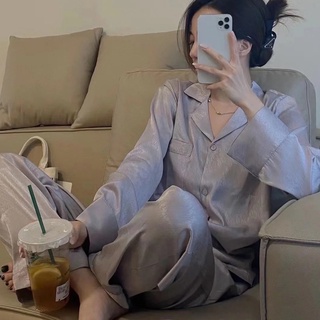 臺灣公司❤️開發票 輕奢洋氣 模擬絲睡衣 女生睡衣 長袖長褲 套裝睡衣 冰絲睡衣 居家服 兩件套睡衣 翻領 褲裝睡衣