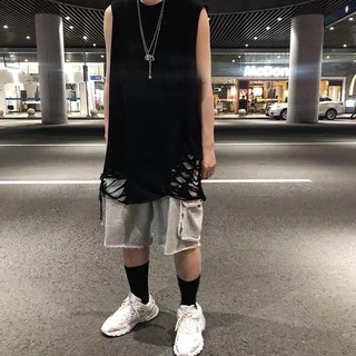 破壞背心 長版T裇 背心T恤男新款潮流嘻哈街頭撕裂破洞寬松中長款無袖內搭疊穿 長版內搭上衣圓弧下擺
