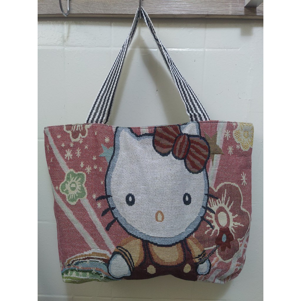 💒有家生活💒全新現貨 出清 Hello Kitty 凱蒂貓 卡通 編織 帆布 手提包 購物袋 旅行袋