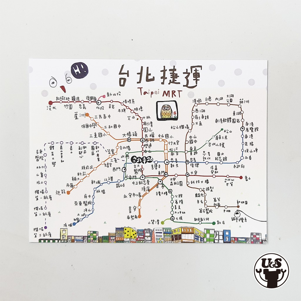 U&amp;S 叔叔與妹妹 插畫繪製 台北捷運MRT路網圖 彩色 明信片