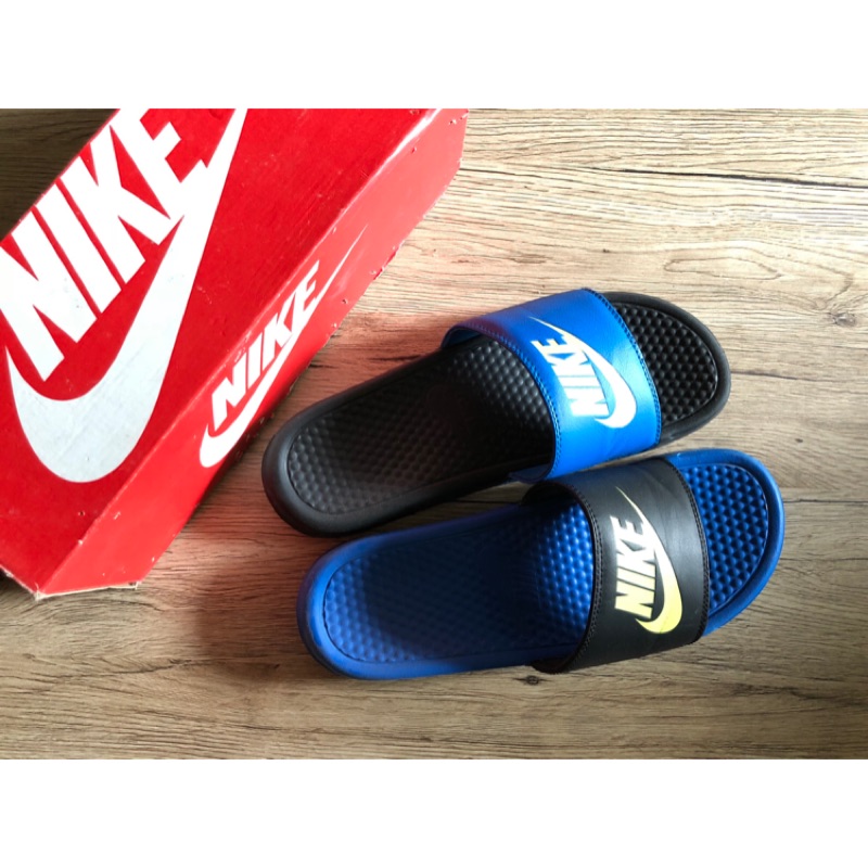 二手* Nike Benassi Swoosh 黑藍 陰陽 運動拖鞋 US9