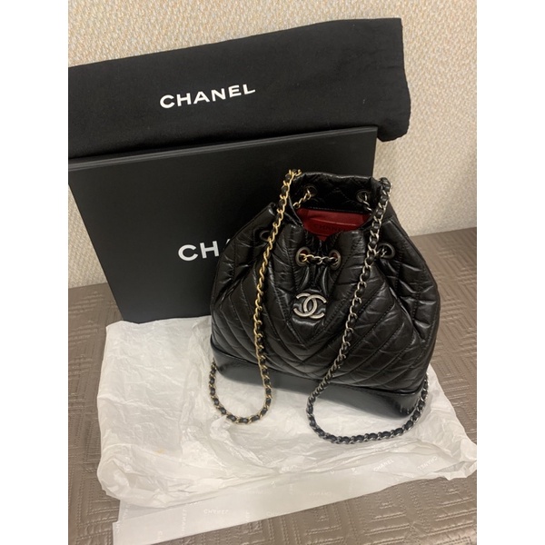 香奈兒Chanel黑色復古牛皮山形紋流浪系列後背包小款