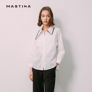 【MASTINA】不對稱蕾絲領-女長袖襯衫 蕾絲 藍 白(二色/版型寬鬆)
