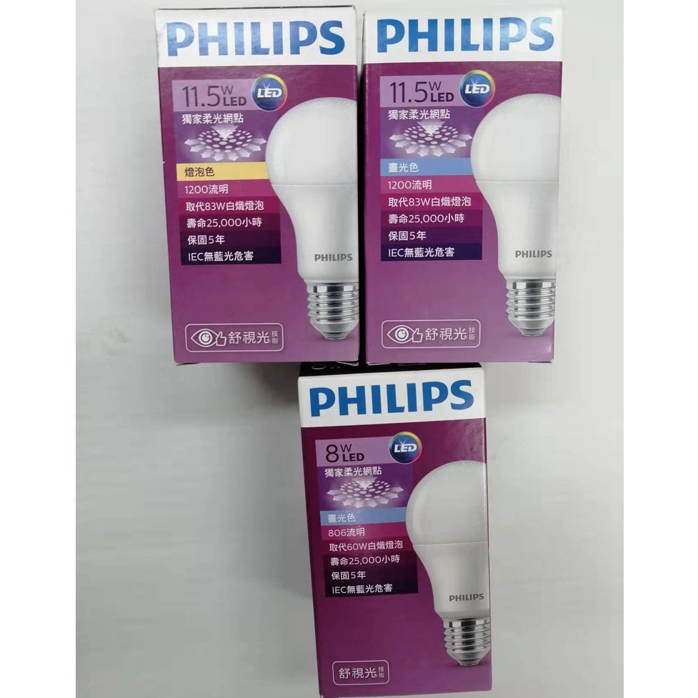 【PHILIPS】 飛利浦 8W 11.5W LED 燈泡 晝光色 /燈泡色 獨家柔光網點 舒視光技術