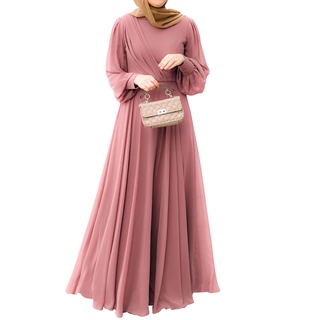 穆斯林街頭時尚長袖長袍優雅休閒度假裙女士純色連衣裙
