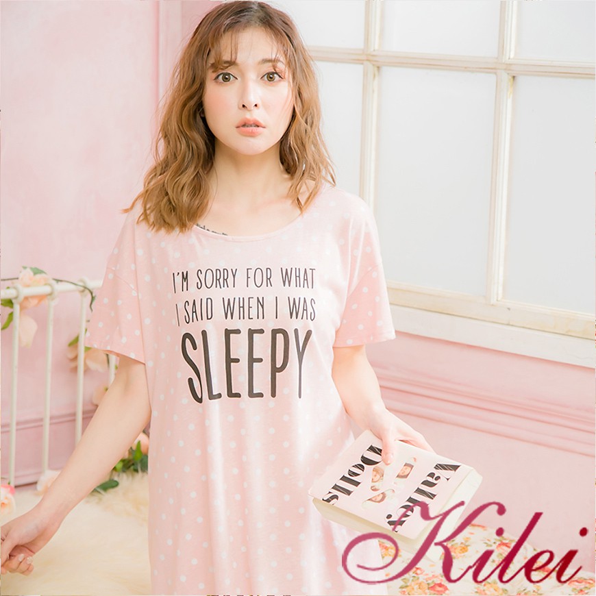 【Kilei】滿版圓點點棉質短袖連身裙睡衣XA4065(甜美粉膚)全尺碼