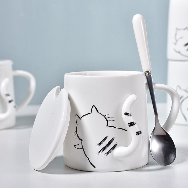 創意立體翹尾貓咪馬克杯  卡通陶瓷杯  情侶男女水杯  帶蓋勺早餐牛奶杯