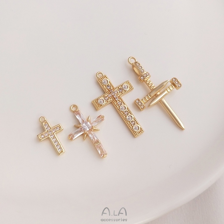Diy 14k銅包金保色鑲嵌鋯石十字架吊墜手工diy手鍊項鍊耳扣吊飾吊飾配件 蝦皮購物