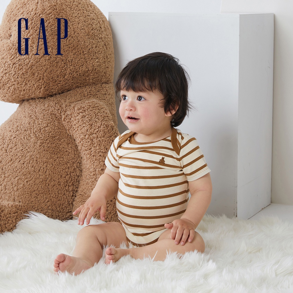 Gap 嬰兒裝 刺繡短袖包屁衣 跟屁熊系列-棕色條紋(736682)