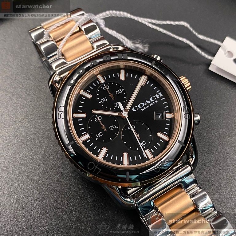 COACH手錶,編號CH00119,44mm黑金圓形精鋼錶殼,黑色三眼, 中三針顯示, 運動錶面,金銀相間精鋼錶帶款
