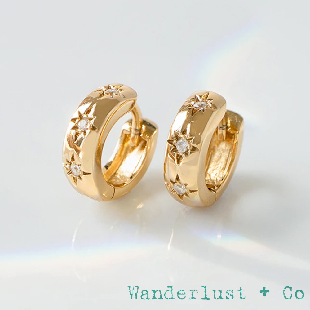 Wanderlust+Co 澳洲品牌 金色小圓耳環 鑲鑽繁星耳環 Constellation