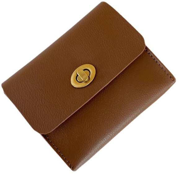 【AngelNaNa】鎖扣短夾-ins復古零錢包奶茶色皮革質感女皮夾收納包零錢包(SMA0352)