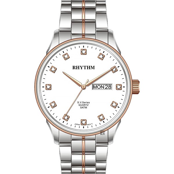 RHYTHM WATCH 麗聲-晶鑽日曆手錶-白x雙色版/40mm 型號：GS1602S09