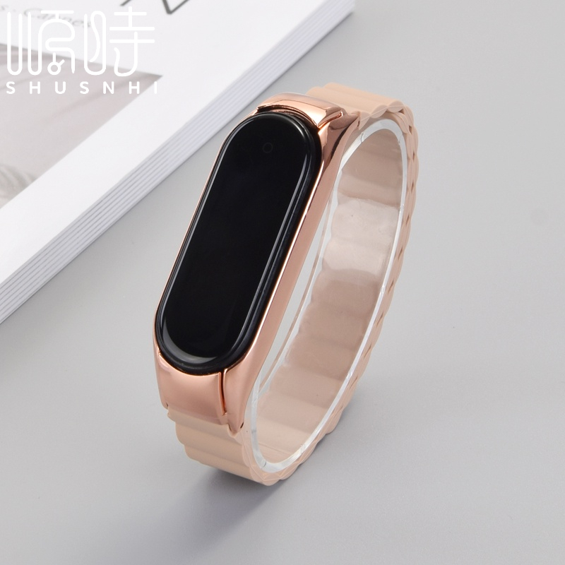 矽膠磁吸錶帶 輕盈金屬殼 防水 替換運動錶帶 適用於 小米手環 8 7 6 5 4 3 錶帶 小米錶帶 4 5 NFC