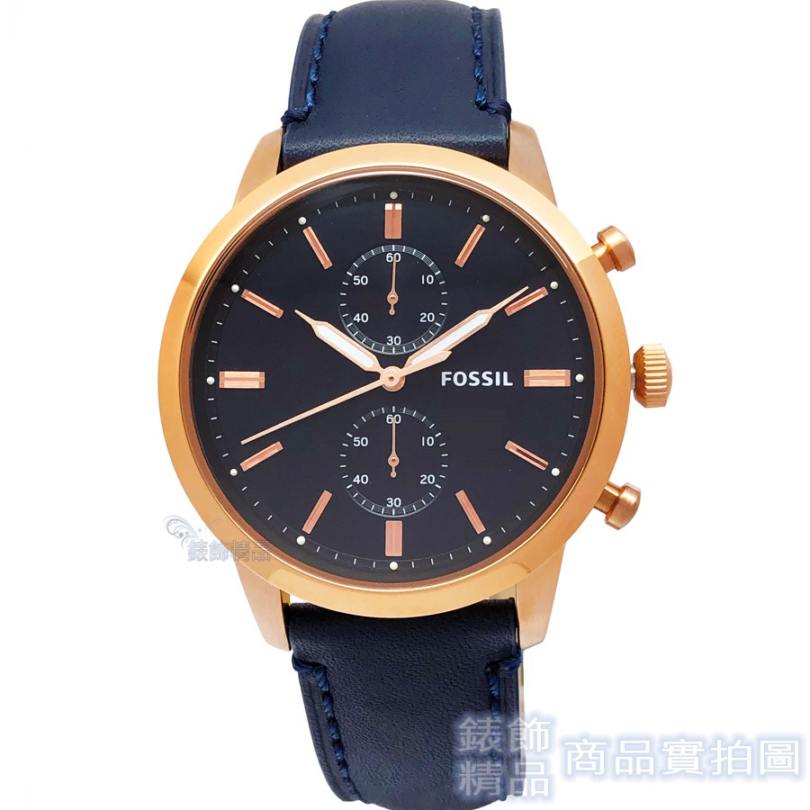 FOSSIL 手錶 FS5436 玫瑰金時標 雙眼計時 夜光深藍色皮帶 男錶【澄緻精品】