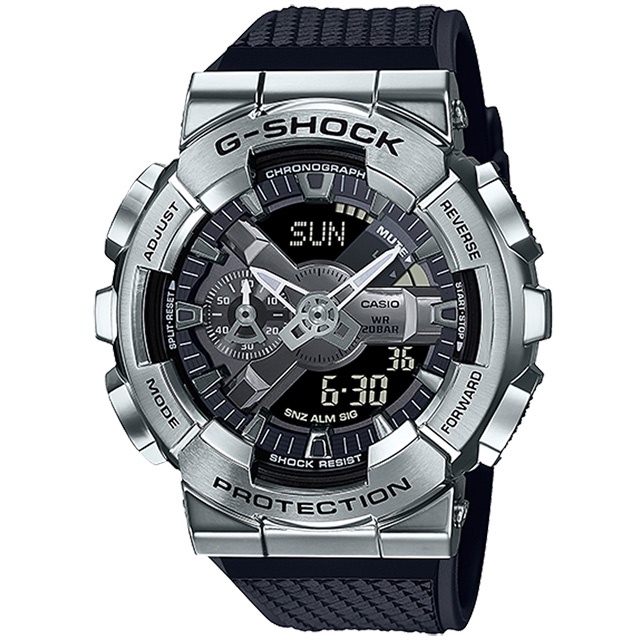 【CASIO】卡西歐 G-SHOCK 重金屬工業風雙顯錶-黑x銀 GM-110-1A　台灣卡西歐保固一年