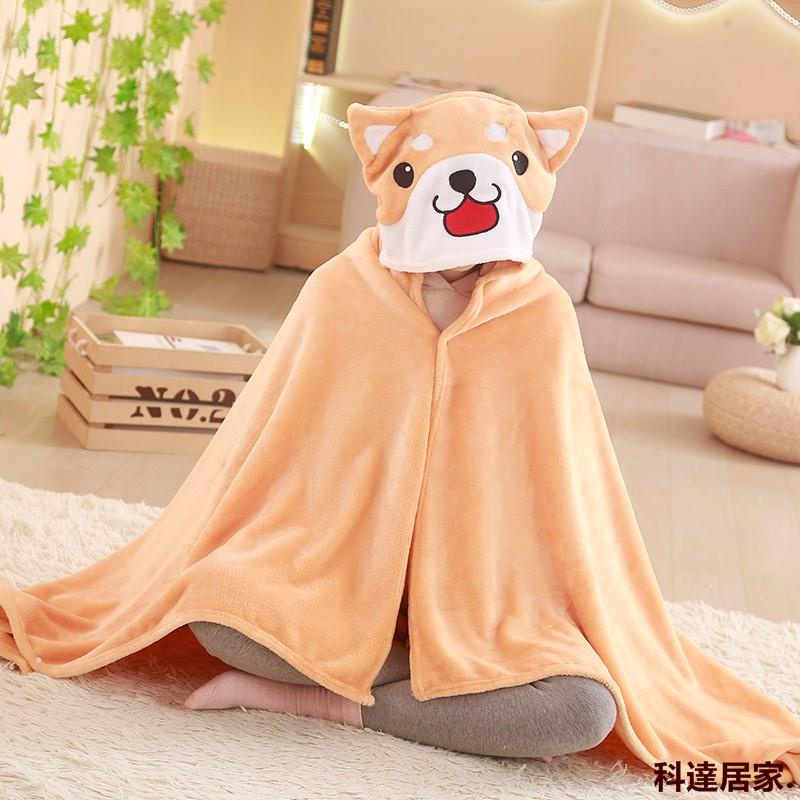【熱銷款】新款可愛柴犬小狗卡通法蘭絨午睡空調蓋毯連帽大號披肩家居小毛毯