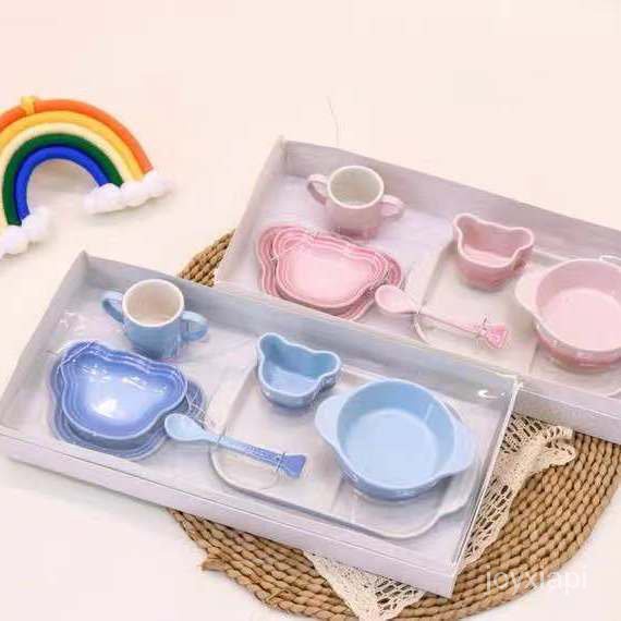 酷彩LE CREUSET兒童餐具7件小熊套裝寶寶輔食碗勺炻瓷可愛餐盤禮盒