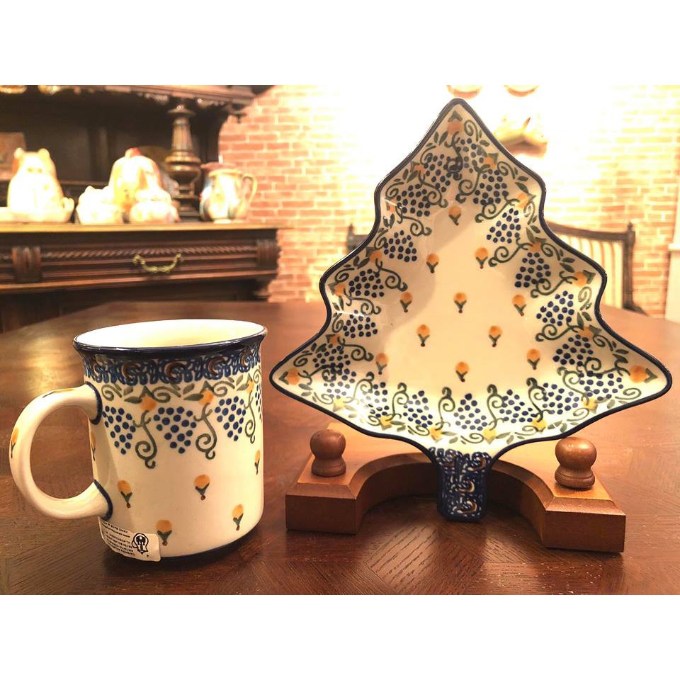 【全新】波蘭陶Polish pottery＿杯盤組(1杯+1聖誕樹/點心甜點盤)