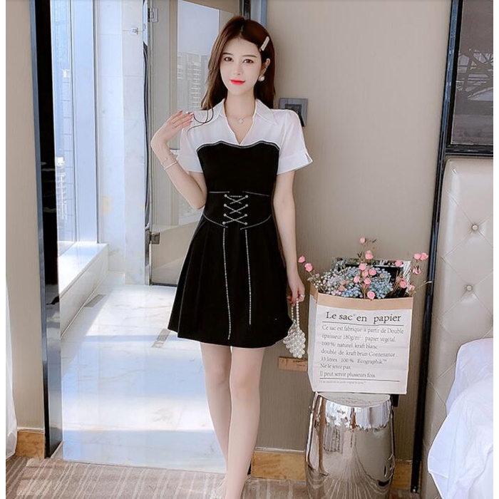 胖胖美依 洋裝 短袖 小黑裙S-XL新款雪紡領黑白收腰顯瘦遮肚小個子氣質法式連身裙NA88-5071.