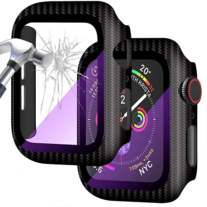 適用於蘋果手錶 紫光碳纖維殼 +膜 iwatch 40mm 44mm 38mm 42mm 屏幕保護套 帶紫光鋼化玻璃