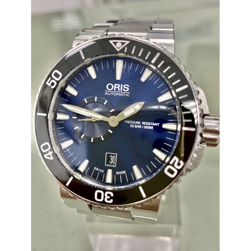 Oris 時間之海 500米防水 小秒針 錶徑45.5 放射藍面 陶瓷圈 台灣公司貨 盒單配件齊 #洗油更換防水墊圈完成