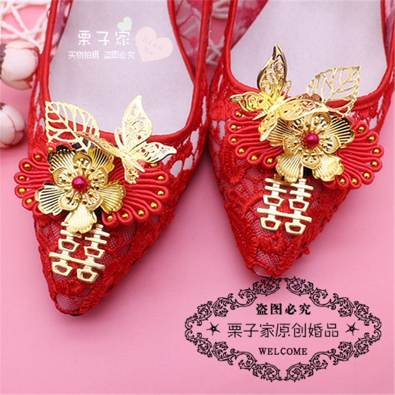 AJ栗子家 香港中式新娘頭飾髮夾DIY婚鞋金銀線龍鳳布鞋鞋花裝飾鞋夾