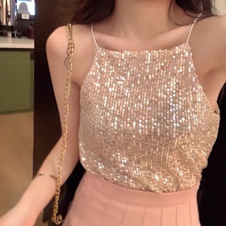 ［琪拉小姐］多色閃亮bling bling 性感亮片細肩背心 派對穿搭 生日上衣 亮片細肩帶 露肩一字領上衣 夜店婚禮
