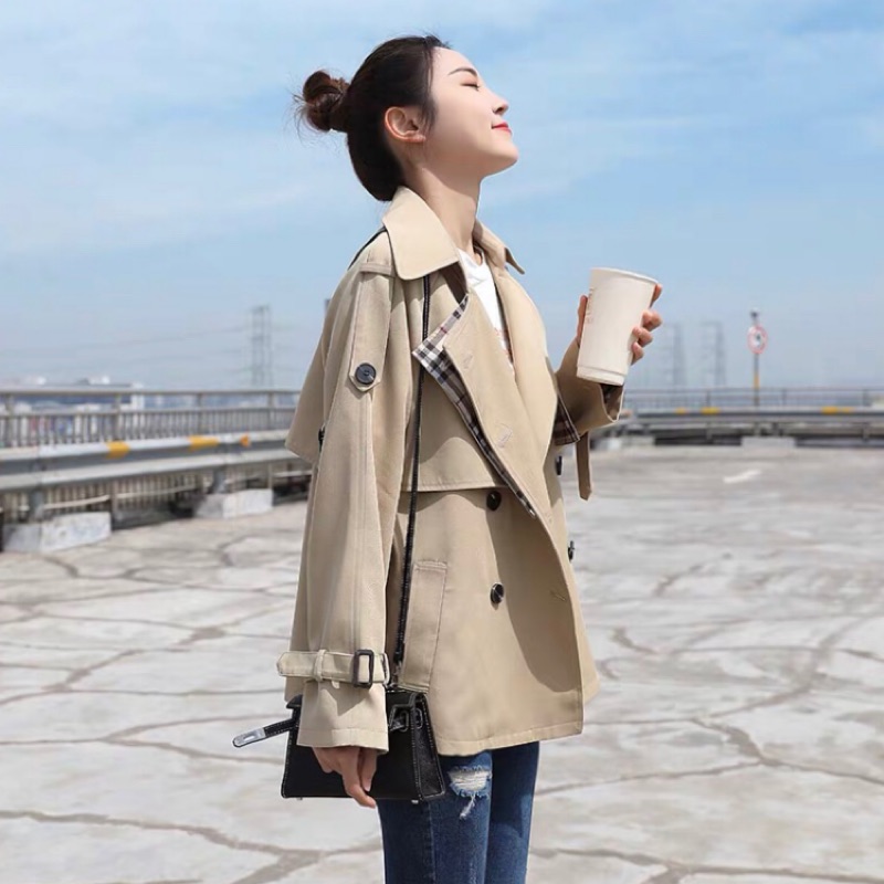 韓版小個子風衣外套卡其風衣短版風衣外套女 蝦皮購物