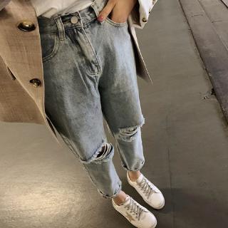 蔓莎💞2025寬松高腰九分乞丐褲膝蓋破洞牛仔褲女韓版學生哈倫老爹褲子女