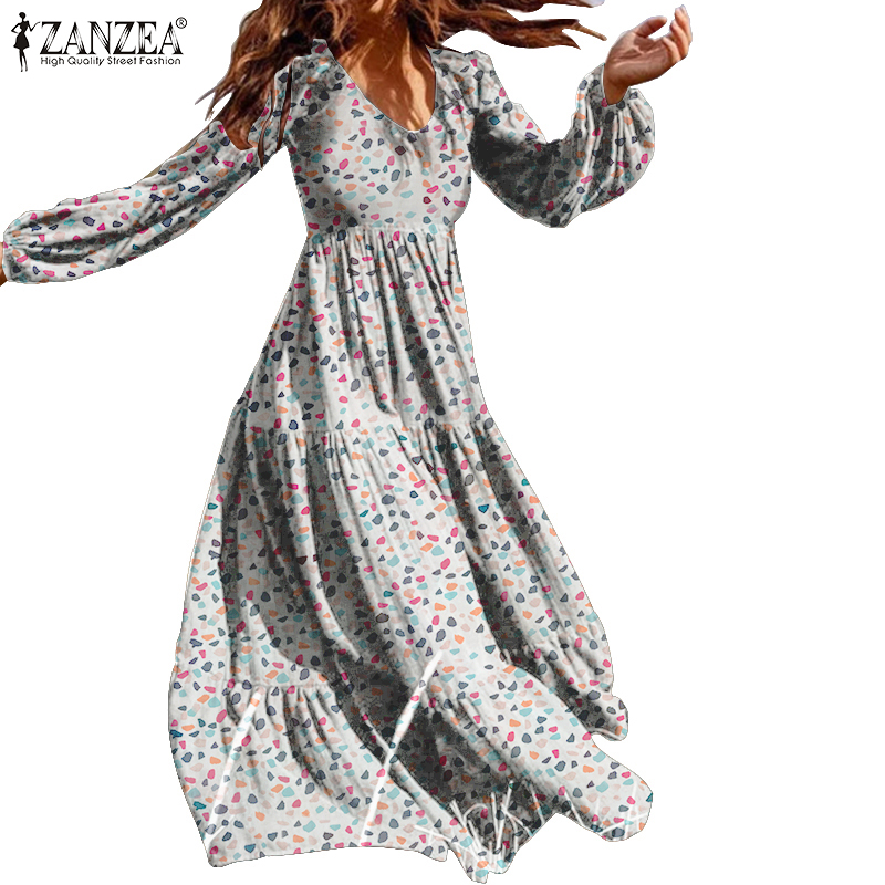 ZANZEA女士復古V領百褶幾何印花寬鬆休閒連衣裙