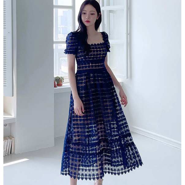 Pk漂亮 F106 S Xl號深藍色蕾絲簍空愛心圖案氣質方領收腰短袖連身長裙洋裝 蝦皮購物