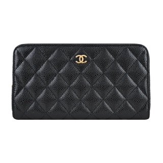 【全新真品】CHANEL經典金色雙C LOGO菱格粒紋小牛皮拉鍊長夾 (黑色)｜JS Maxx官方旗艦館