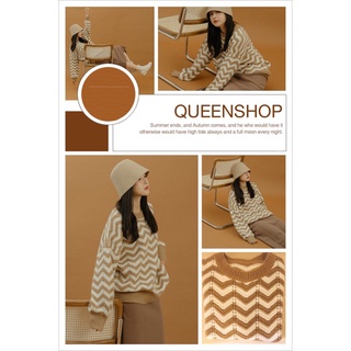 (滿額送正韓襪)全新🧡QUEEN SHOP💛圓領配色簍空曲線針織毛衣 長袖上衣 慵懶 寬鬆 落肩 美拉德風