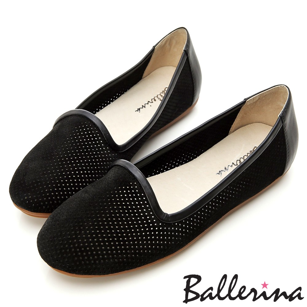 Ballerina-牛麂皮鏤空洞洞樂福豆豆鞋(黑)【BD600137BK】
