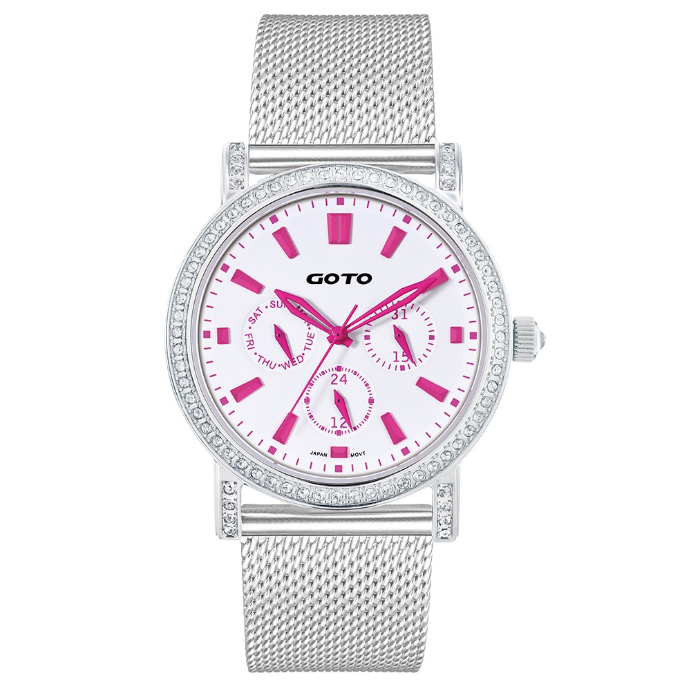 GOTO 溫柔氣息晶鑽時尚米蘭手錶-白x桃