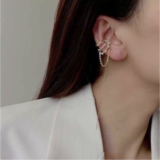微鑲鑽珍珠流蘇耳骨夾 三層不同造型輕奢華時尚耳骨夾 個性潮流鍊條長流蘇耳骨夾