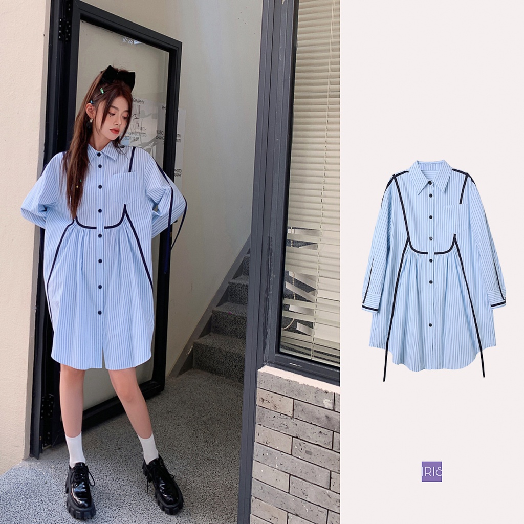 Iris Boutique IDA149 藍色條紋簡約清爽長袖襯衫裙