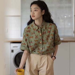 夏季新款日系學院風印花襯衫女設計感小眾個子復古短袖上衣