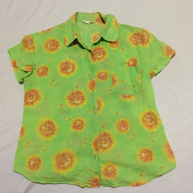 二手four eleven日本製綠色花襯衫 向日葵圖案 熱帶風情短袖襯衫