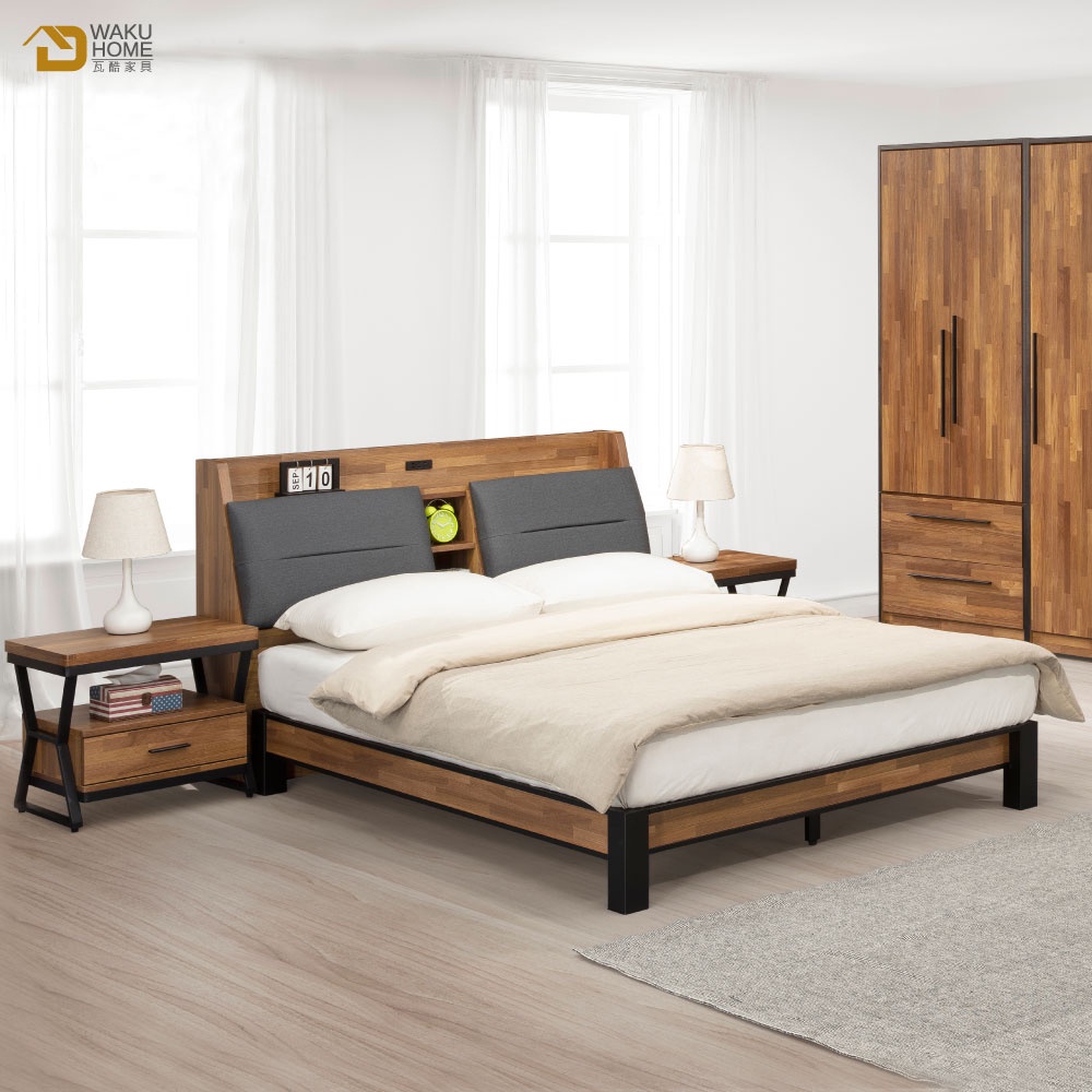 Ari工業風木心板6尺床頭箱型雙人床(不含床墊/床頭櫃)A005-282+256