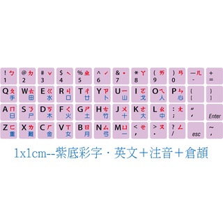 .ღ【綠光艸堂】訂製鍵盤貼紙‧採客製化‧Macbook‧三星‧LG‧ASUS‧1x1cm‧紫底彩字‧英文＋注音＋倉頡