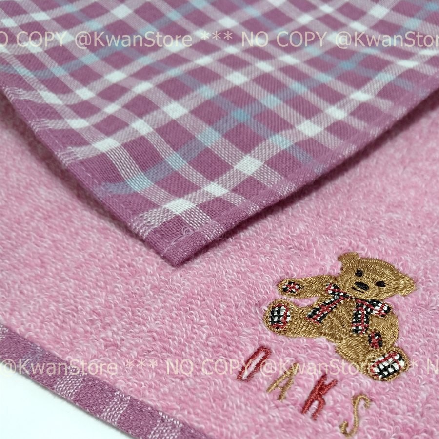 [新款28cm]日本製 DAKS方巾 純棉小毛巾 手帕 素色vs格子雙面設計  小熊小方巾~三色可選 酒紅